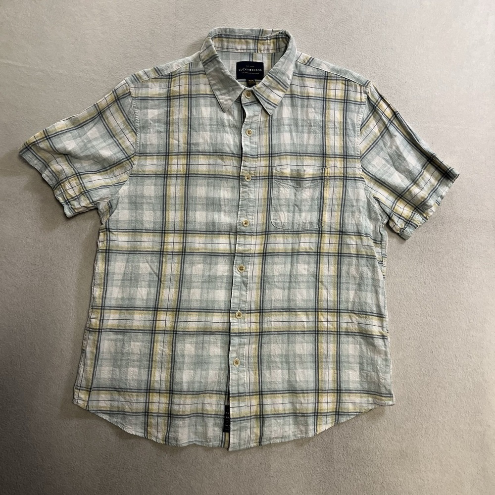 Lucky Brand Shirt Men's Size Medium Plaid Linen Rayon Blend Button Up Summer